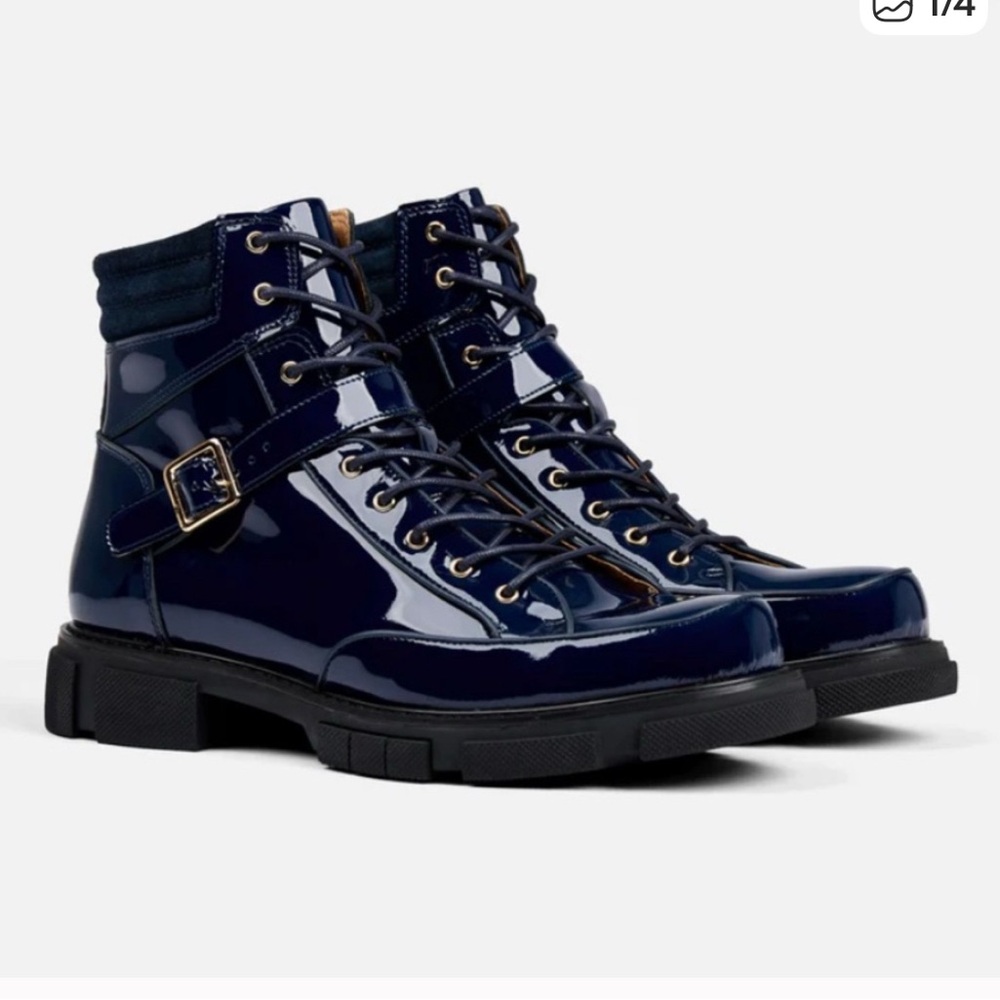 Glossy Navy Women's Combat Boots